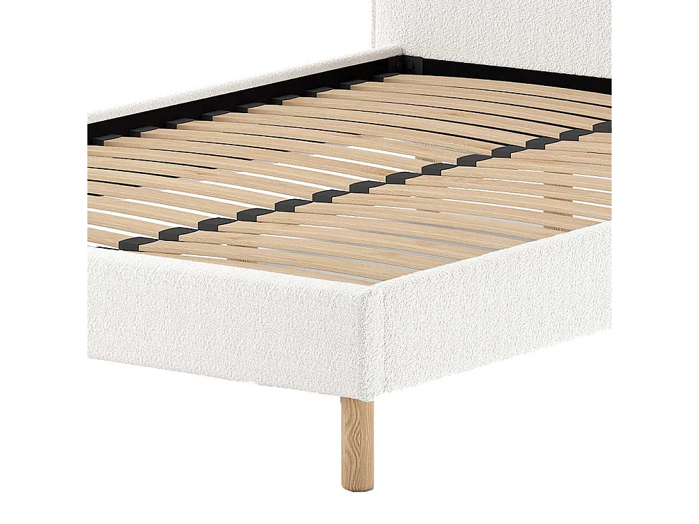 Niedriges Bettgestell im Skandi Design Boucle Stoff und Holz
