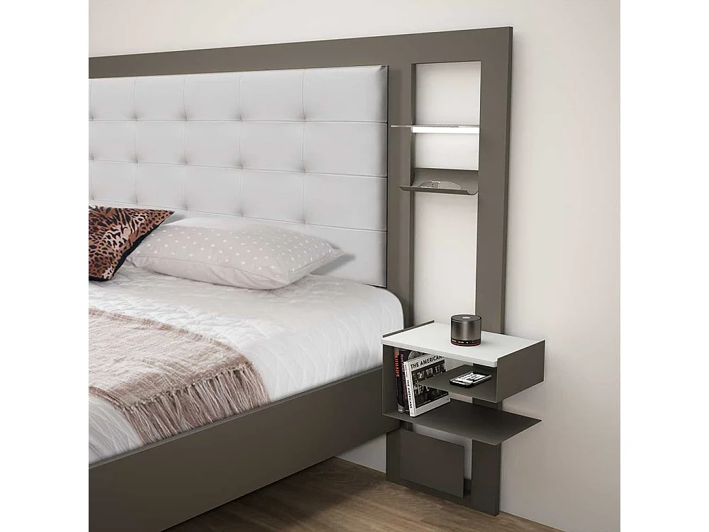 Metallbett mit Leselampe und Polsterkopfteil Grau Weiß