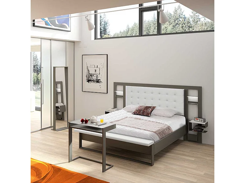 Metallbett mit Leselampe und Polsterkopfteil Grau Weiß