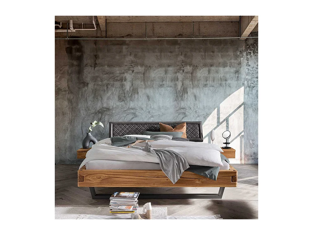 Holzbettgestell Polsterkopfteil Bett in Wildeichefarben und Anthrazit