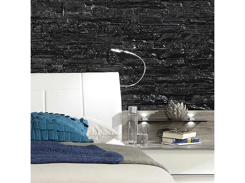 Bett mit Polsterkopfteil in Weiß Eiche