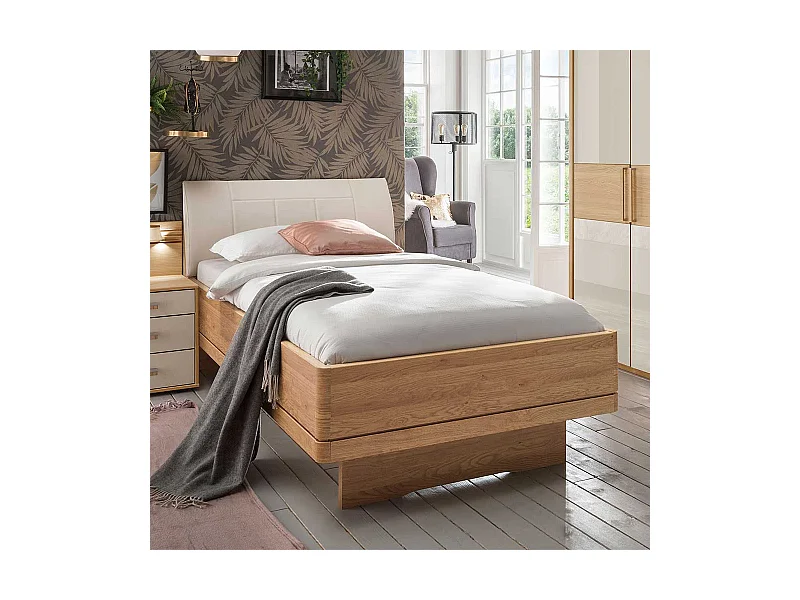 Komfortbett in Beige und Eiche teilmassiv Made in Germany