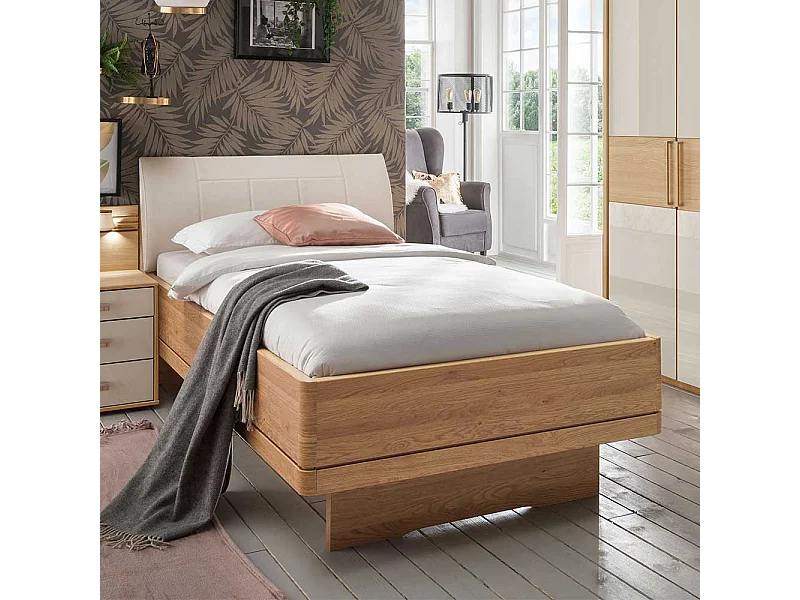 Komfortbett in Beige und Eiche teilmassiv Made in Germany