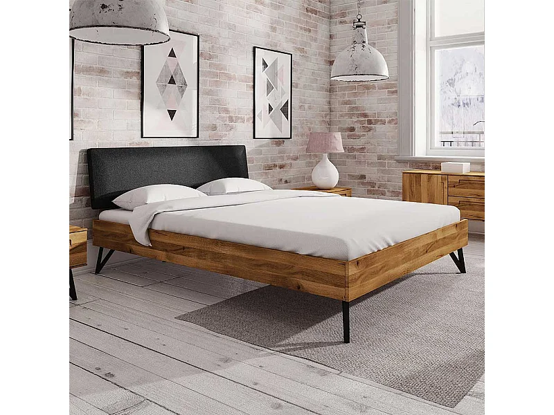 Doppelbett aus Wildeiche Massivholz und Stahl gepolstertem Kopfteil