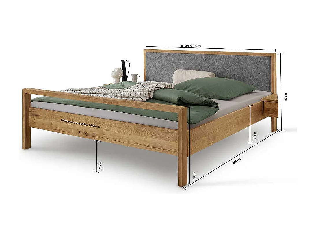 Doppelbett mit Polsterkopfteil in Grau Wildeichefarben