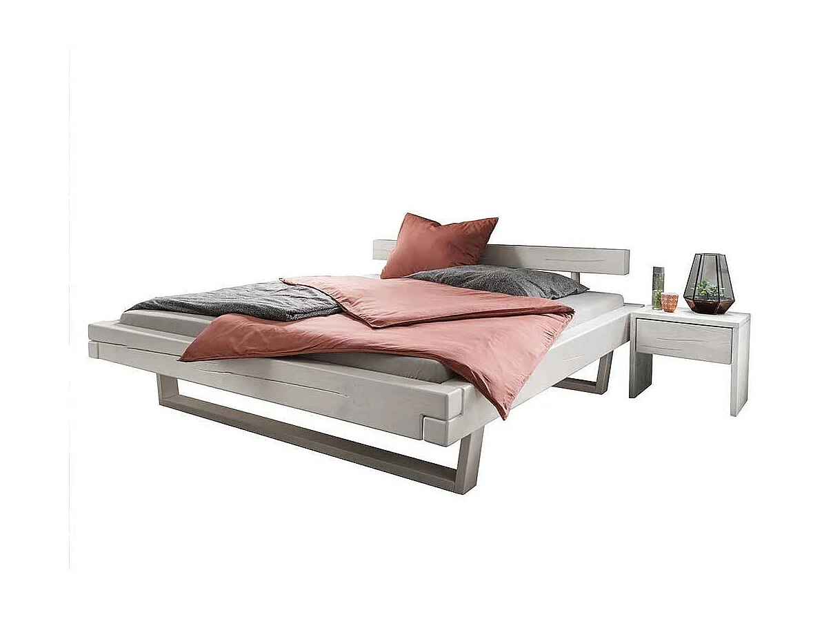 Weißes Balkenbett aus Kiefer Massivholz optionale Nachtkommoden