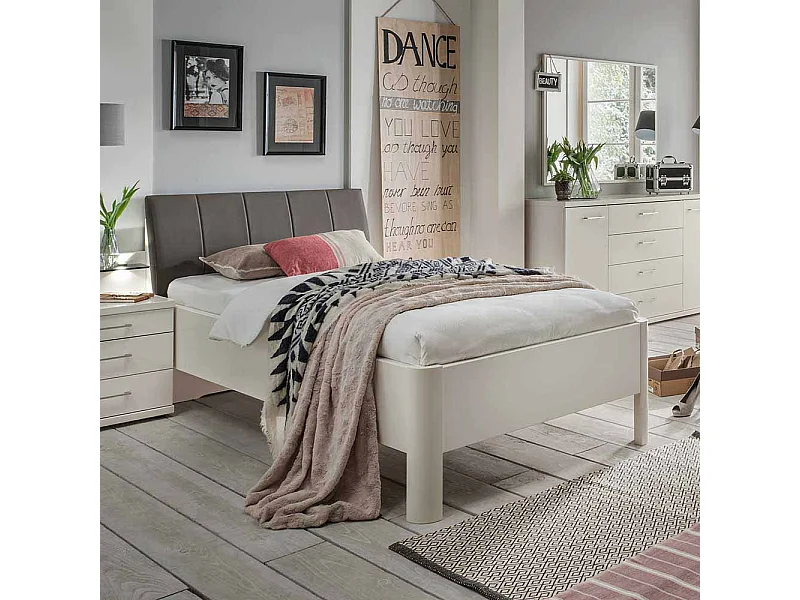 Schlafzimmer Bett in Weiß Polsterkopfteil in Braun