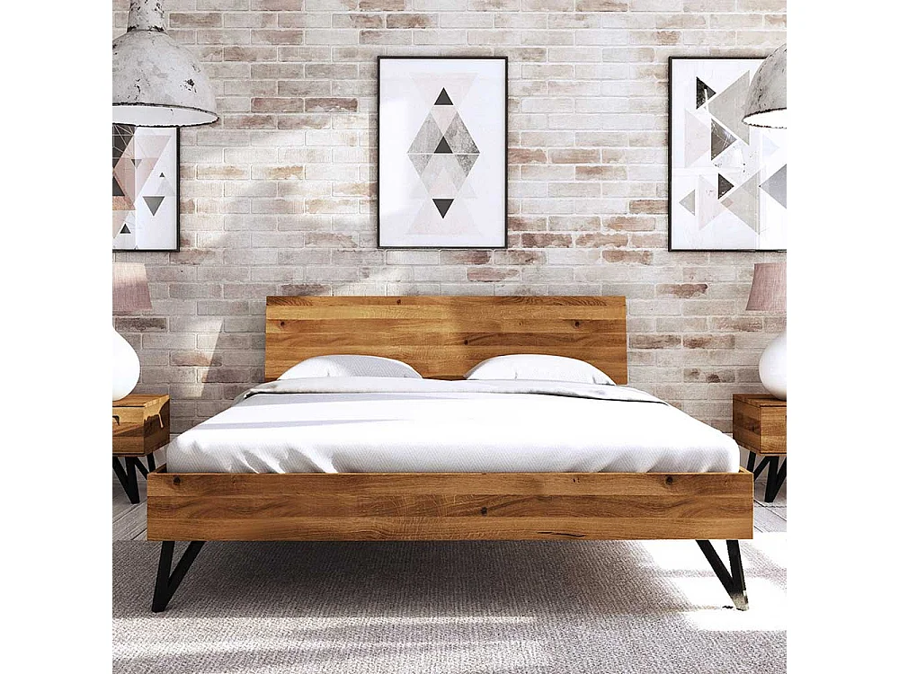 Echtholzbett aus Wildeiche Massivholz und Stahl Loft Design