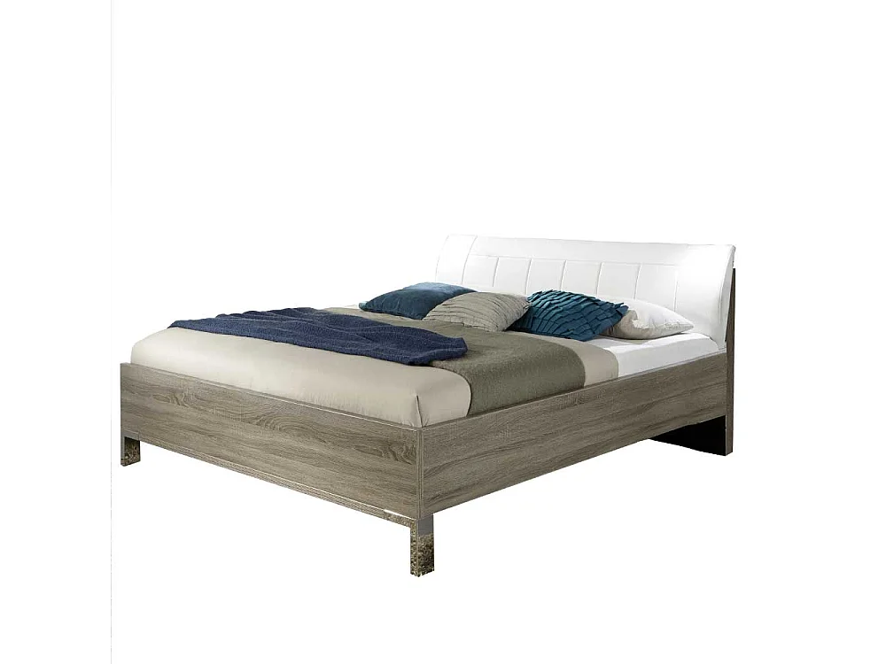 Bett mit Polsterkopfteil in Weiß Eiche