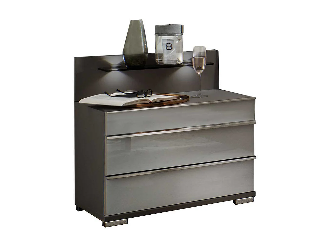 Bett und Nachtkommoden in Hellgrau Braun LED Beleuchtung (dreiteilig)