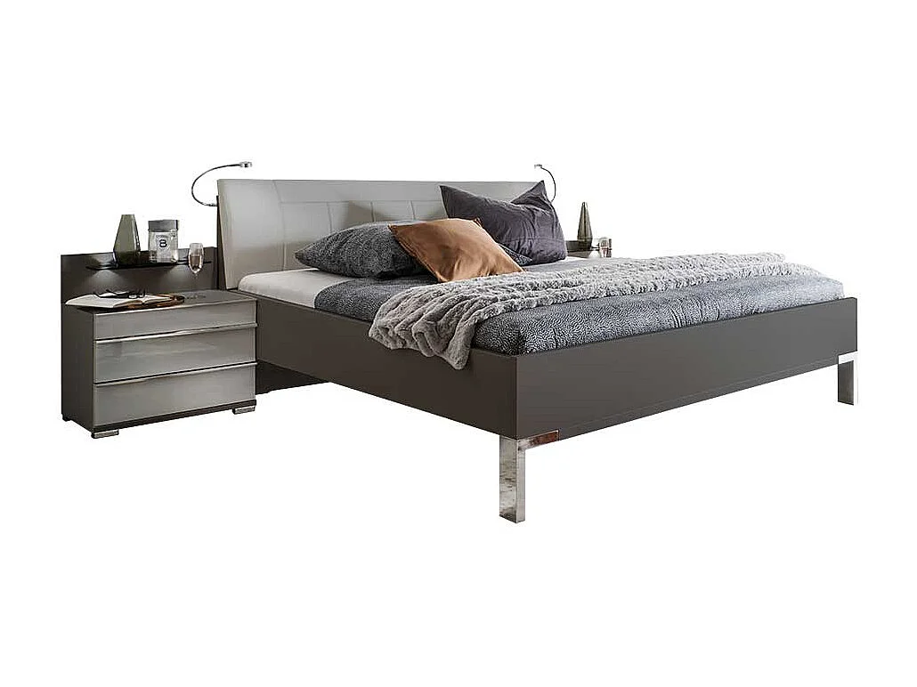 Bett und Nachtkommoden in Hellgrau Braun LED Beleuchtung (dreiteilig)