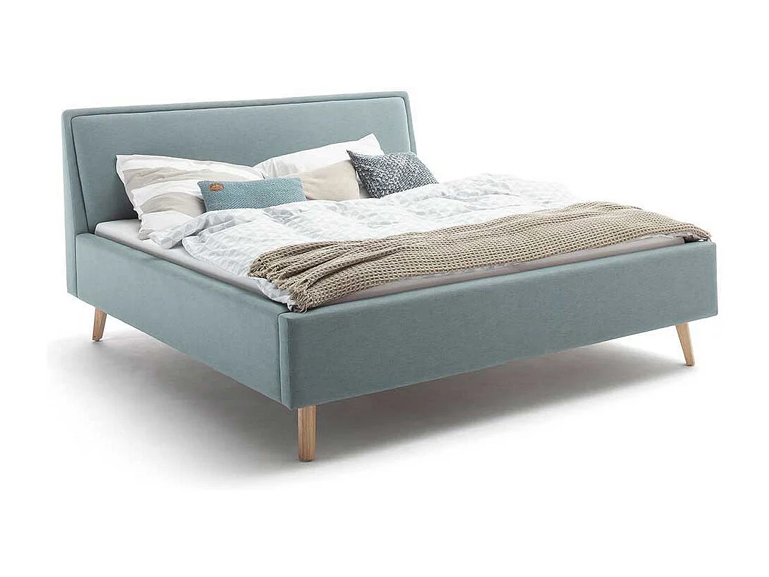 Polsterbett hellblau im Skandi Design Vierfußgestell aus Holz