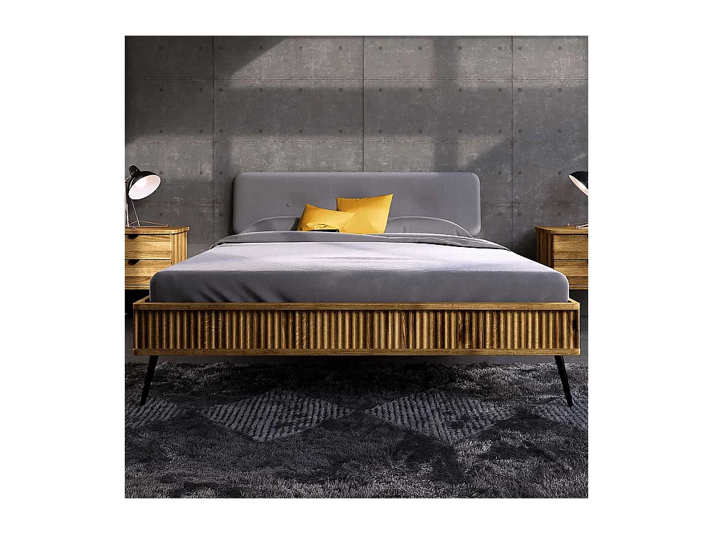 Bett Wildeiche mit Polsterkopfteil in modernem Design 41 cm Einstiegshöhe
