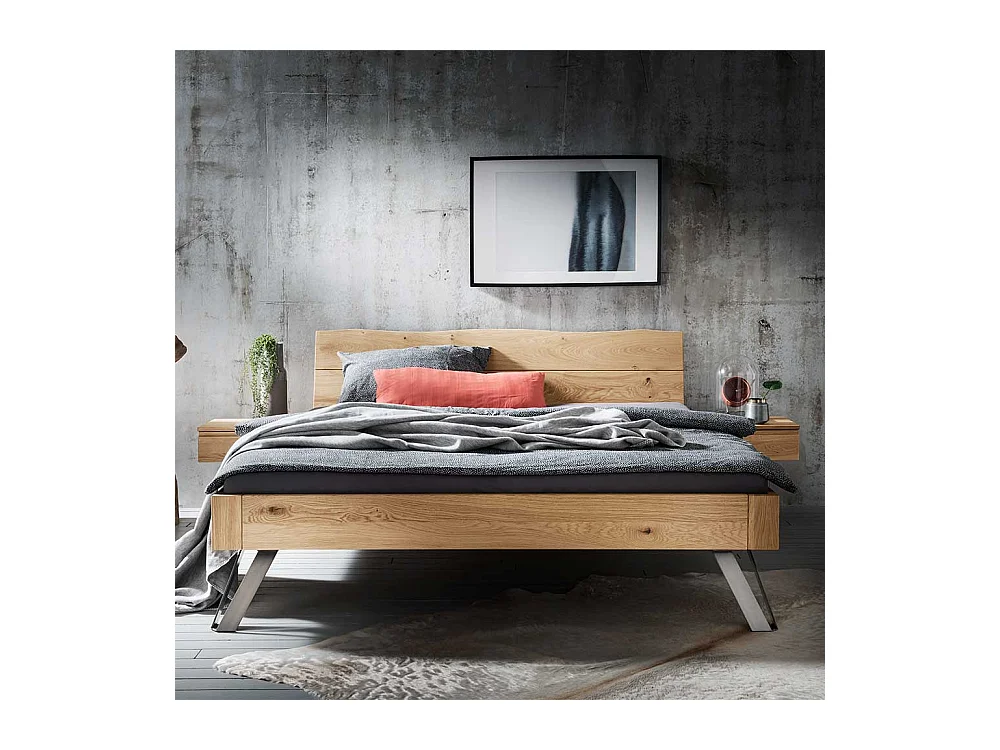Industrial Bett aus Wildeiche Massivholz & Metall zwei Nachtkonsolen (dreiteilig)