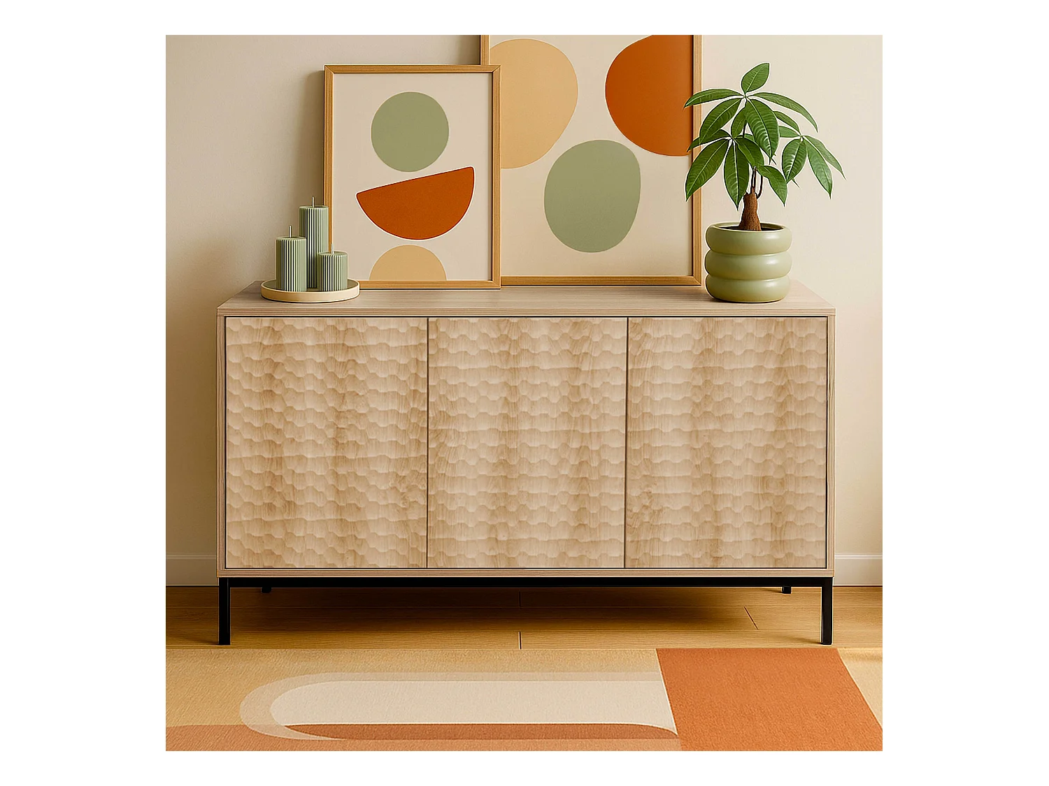 Buffet 3 portes moderne rectangulaire L147 cm bois clair