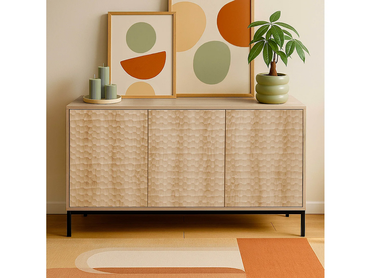 Buffet 3 portes moderne rectangulaire L147 cm bois clair