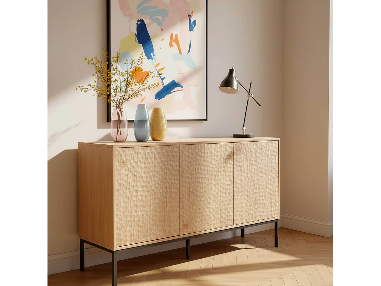 Buffet 3 portes moderne rectangulaire L147 cm bois clair