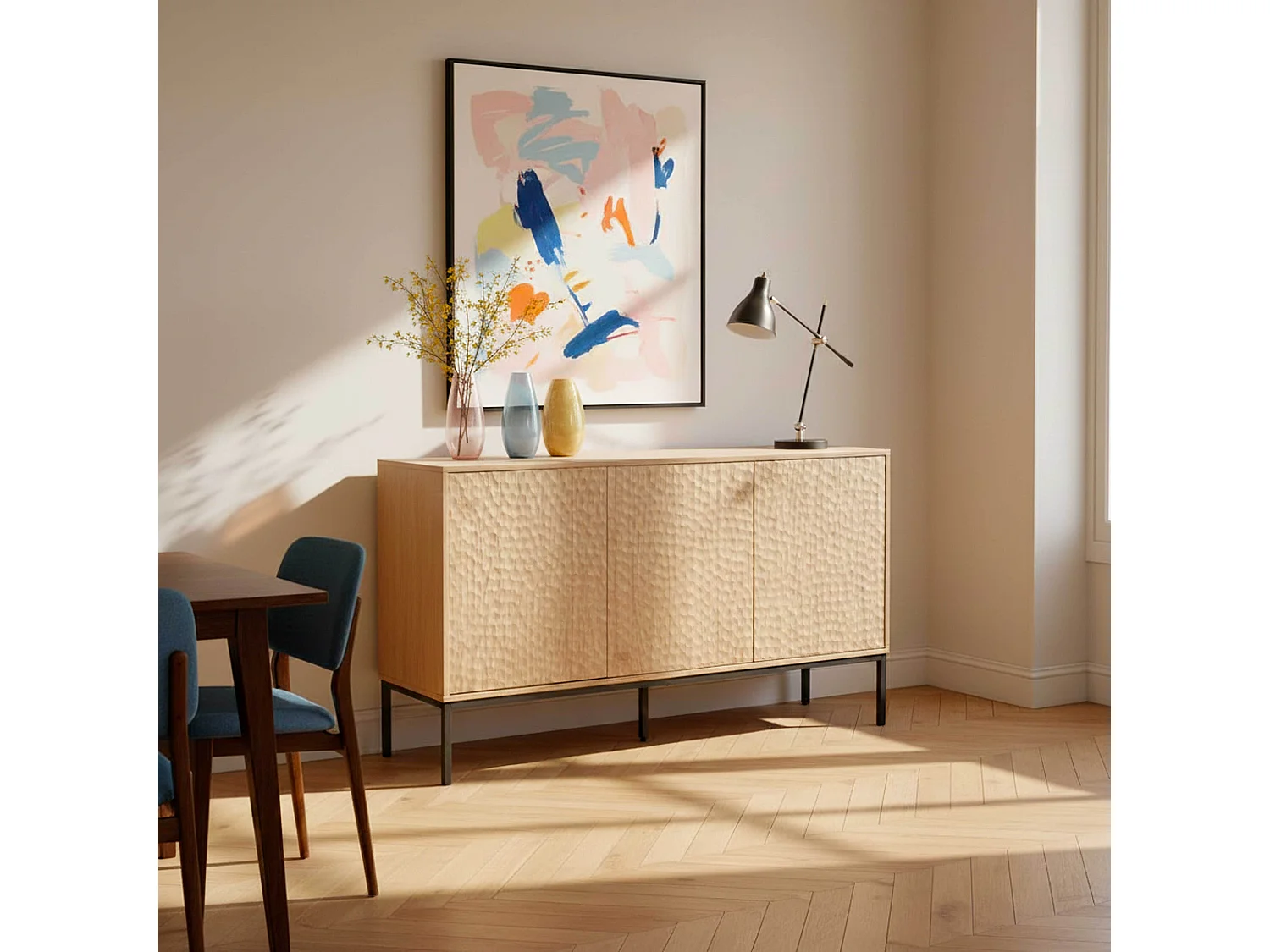 Buffet 3 portes moderne rectangulaire L147 cm bois clair