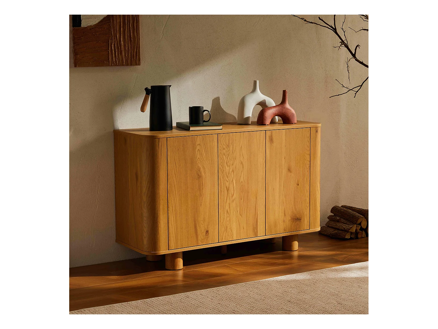 Buffet 3 portes moderne rectangulaire L120 cm bois clair