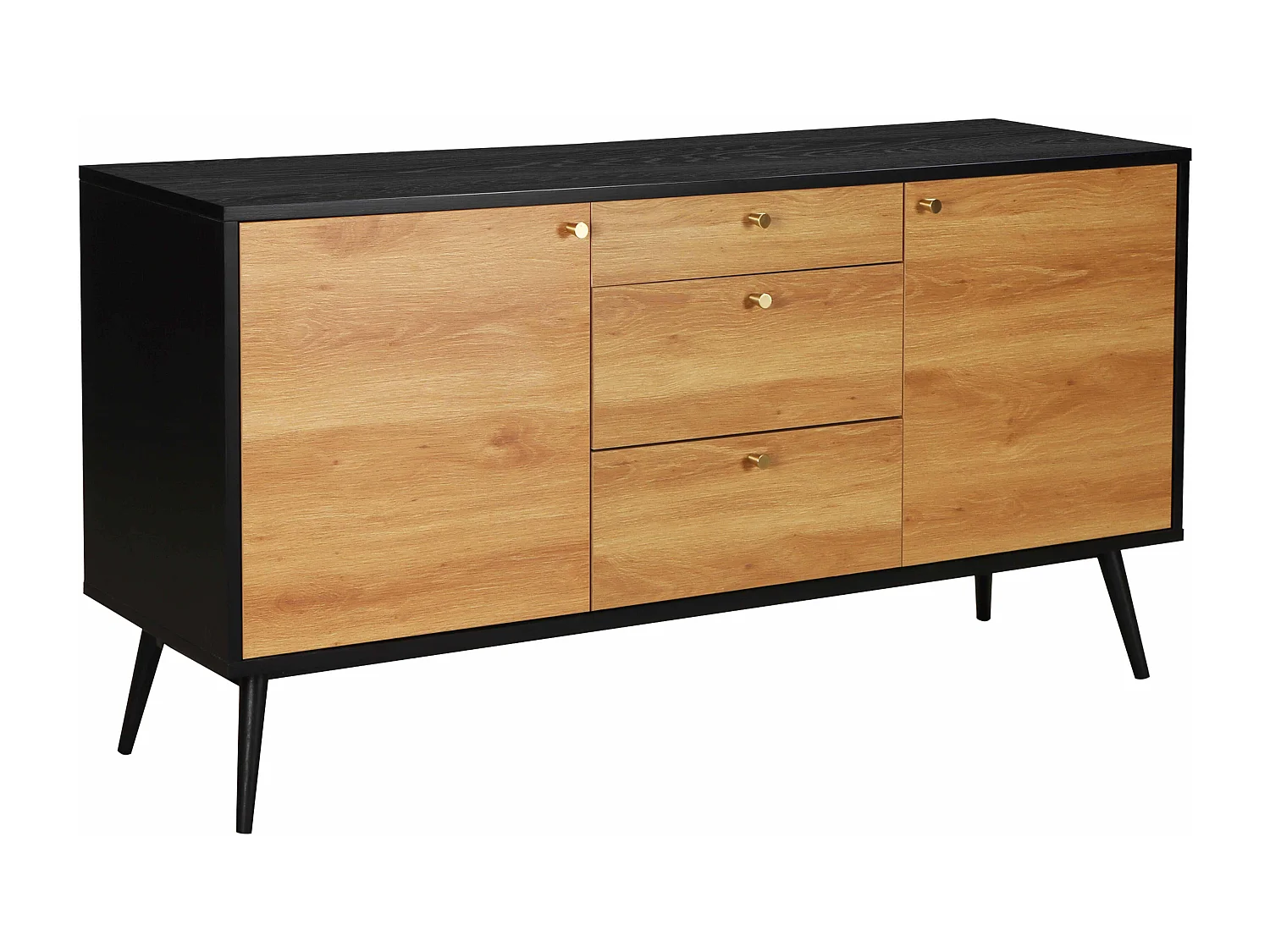 Buffet scandinave effet bois clair 2 portes 3 tiroirs 150 cm noir