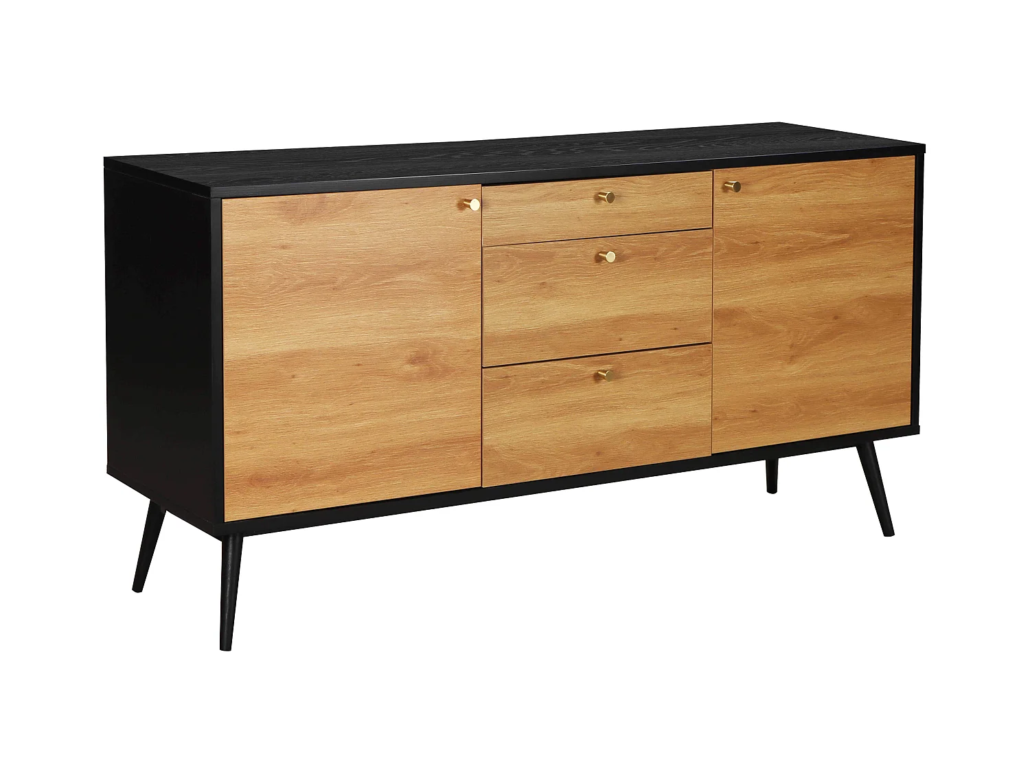 Buffet scandinave effet bois clair 2 portes 3 tiroirs 150 cm noir
