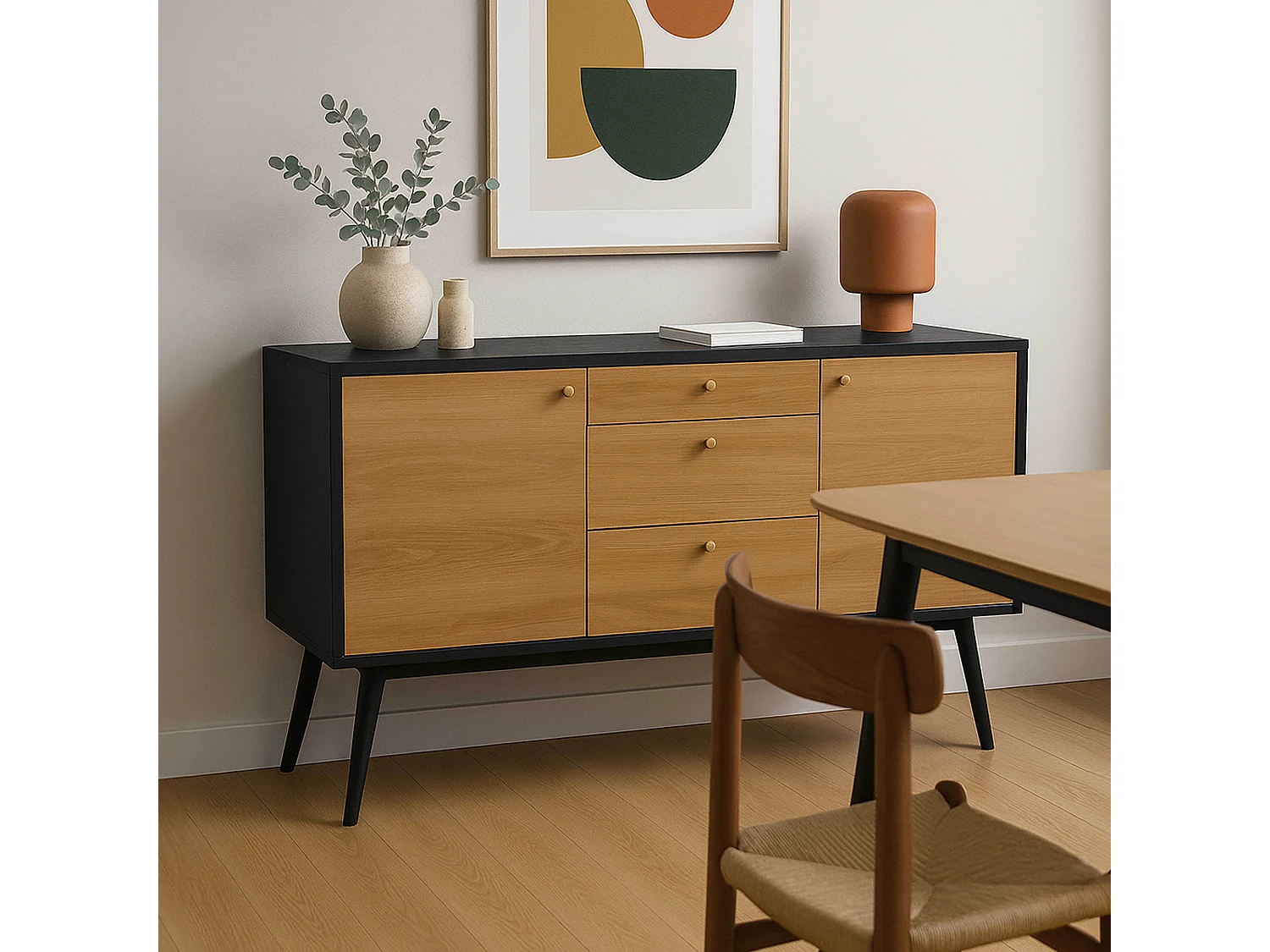 Buffet scandinave effet bois clair 2 portes 3 tiroirs 150 cm noir