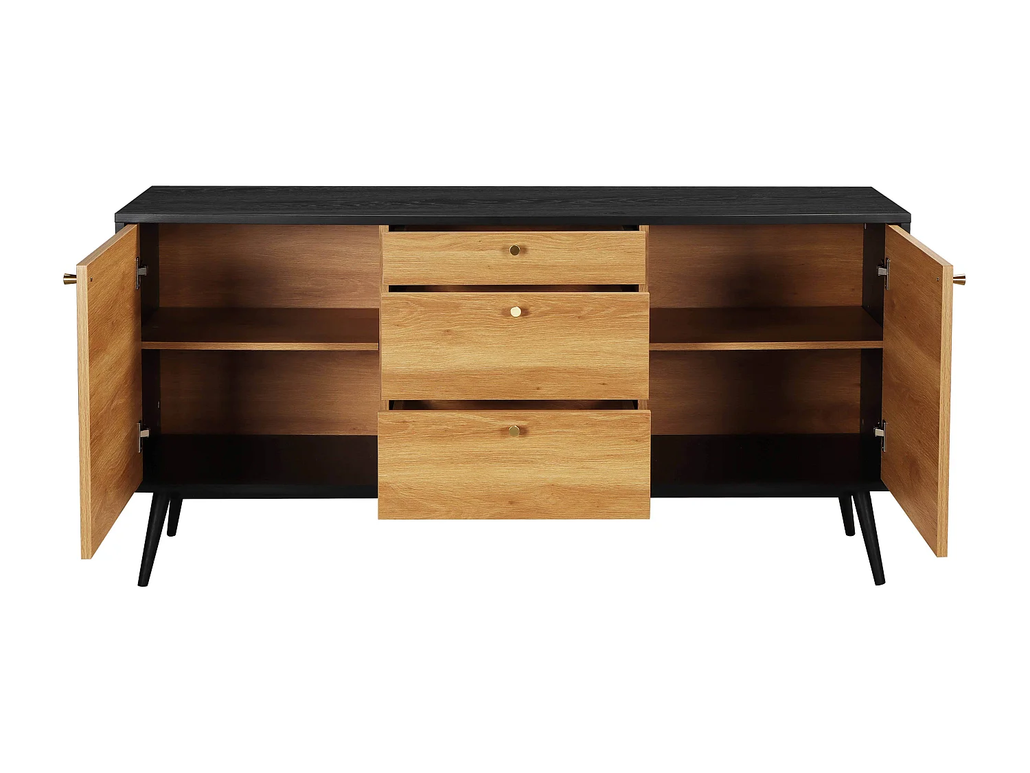 Buffet scandinave effet bois clair 2 portes 3 tiroirs 150 cm noir