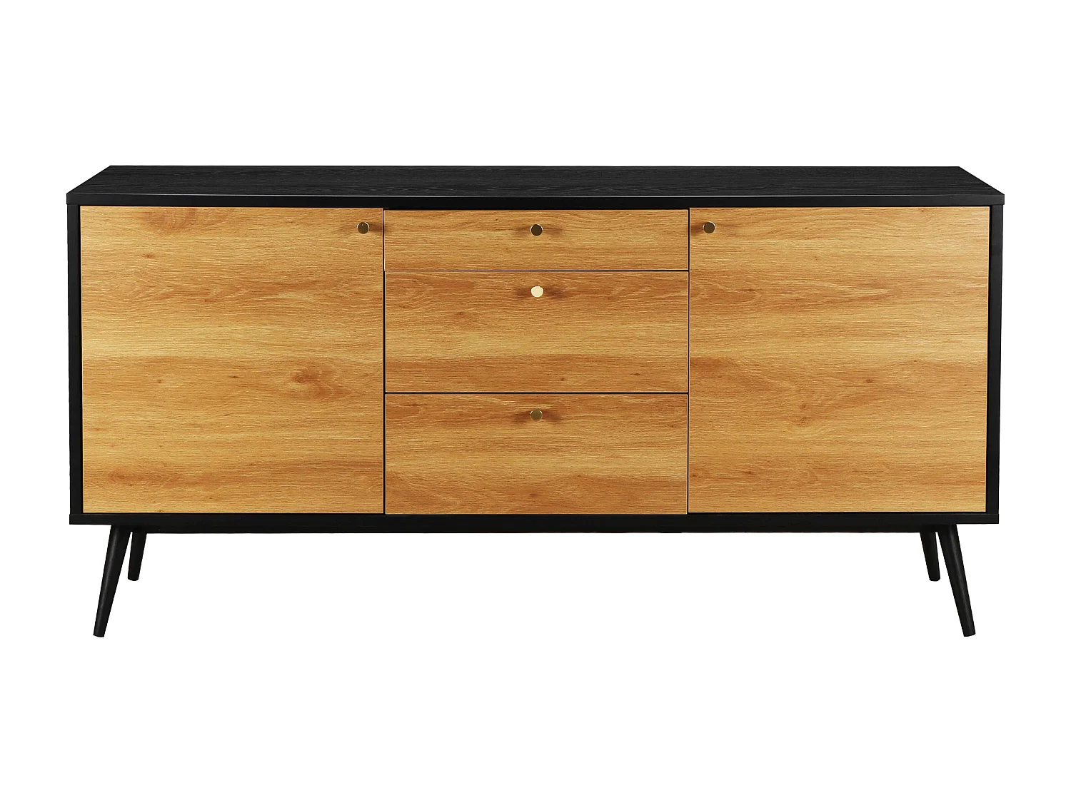 Buffet scandinave effet bois clair 2 portes 3 tiroirs 150 cm noir
