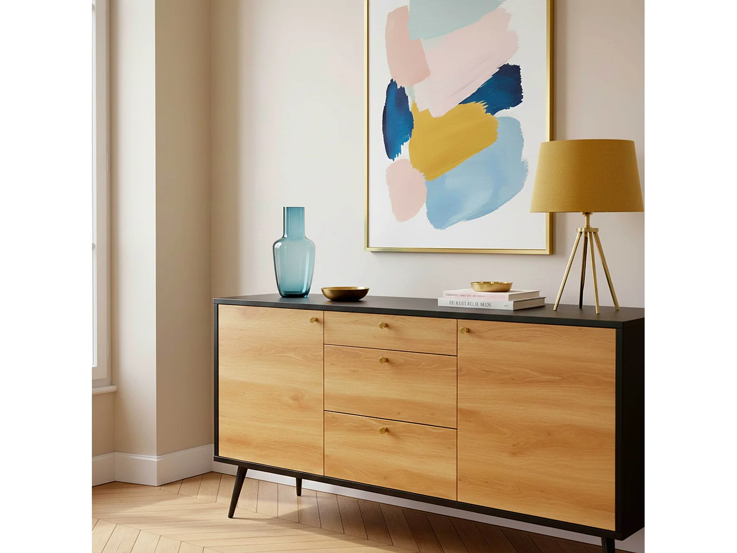 Buffet scandinave effet bois clair 2 portes 3 tiroirs 150 cm noir