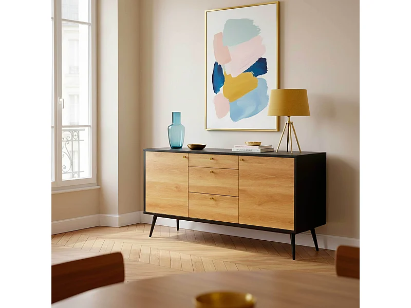 Scandinavisch dressoir met licht houtlook, 2 deuren, 3 laden, 150 cm, zwart