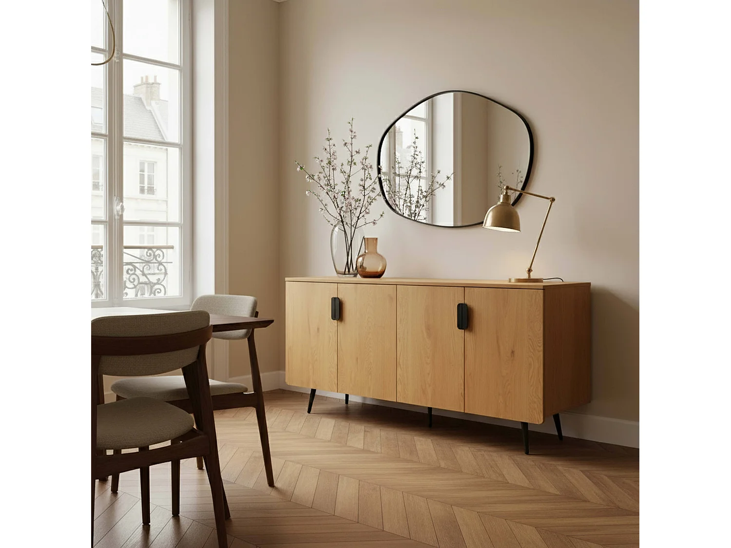 Buffet moderne 4 portes 160 cm bois clair