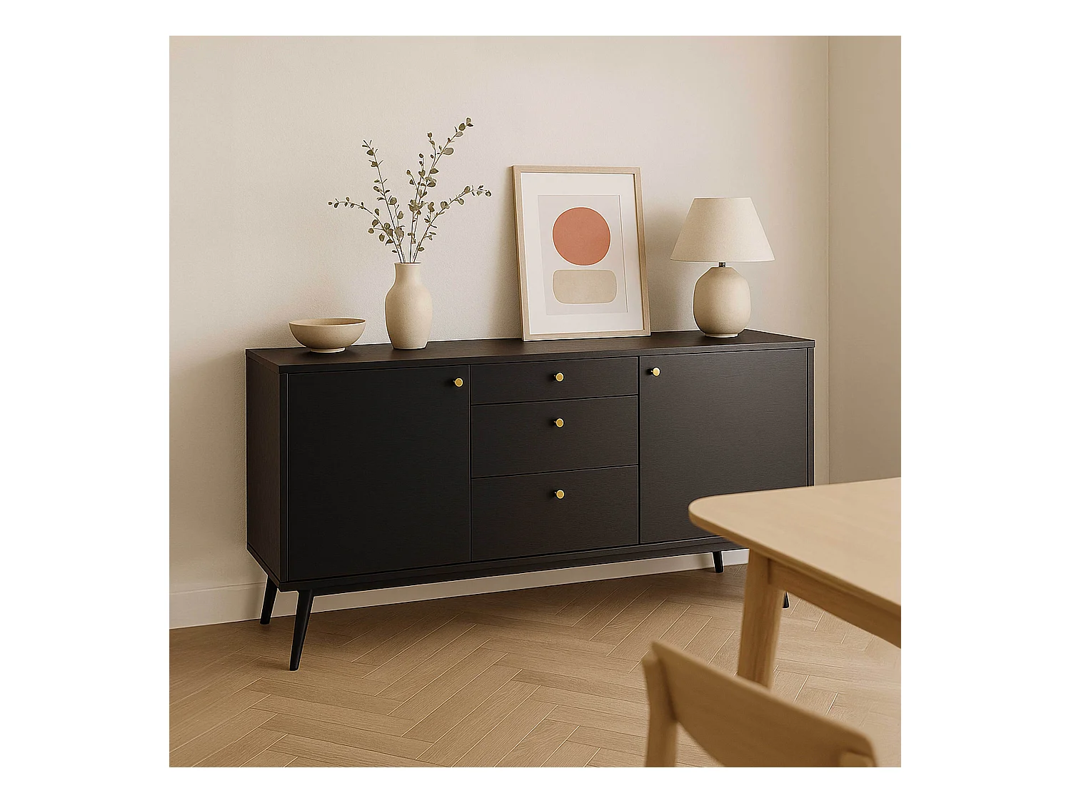Buffet design effet bois foncé 2 portes 3 tiroirs 150 cm noir
