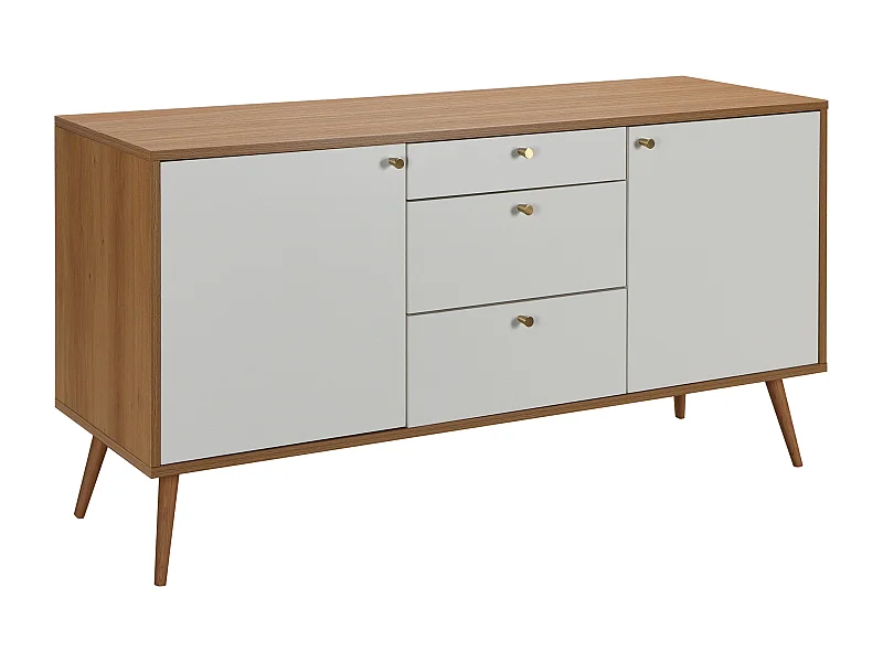 Scandinavisch dressoir met licht houtlook, 2 deuren en 3 laden, 150 cm, wit