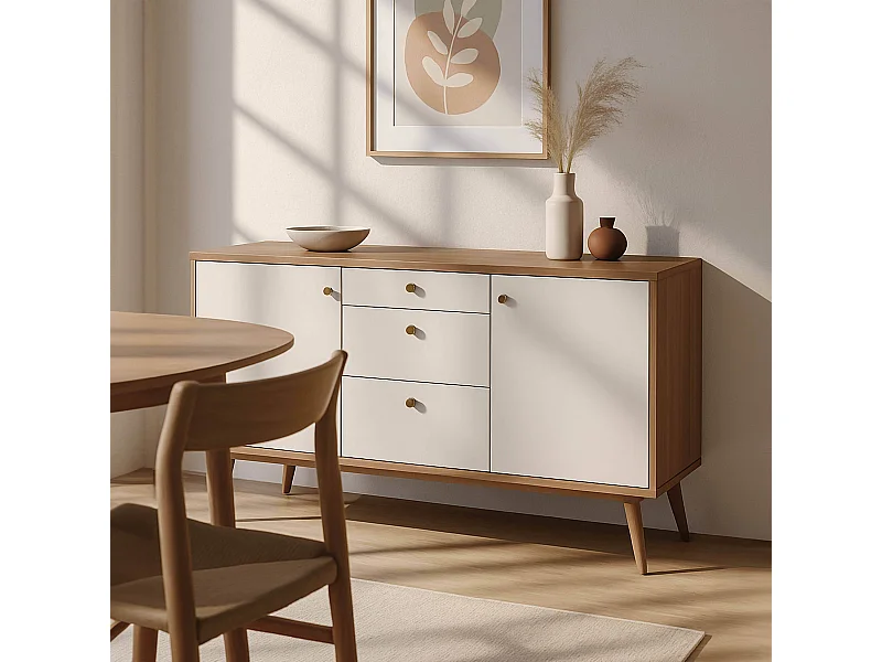Scandinavisch dressoir met licht houtlook, 2 deuren en 3 laden, 150 cm, wit