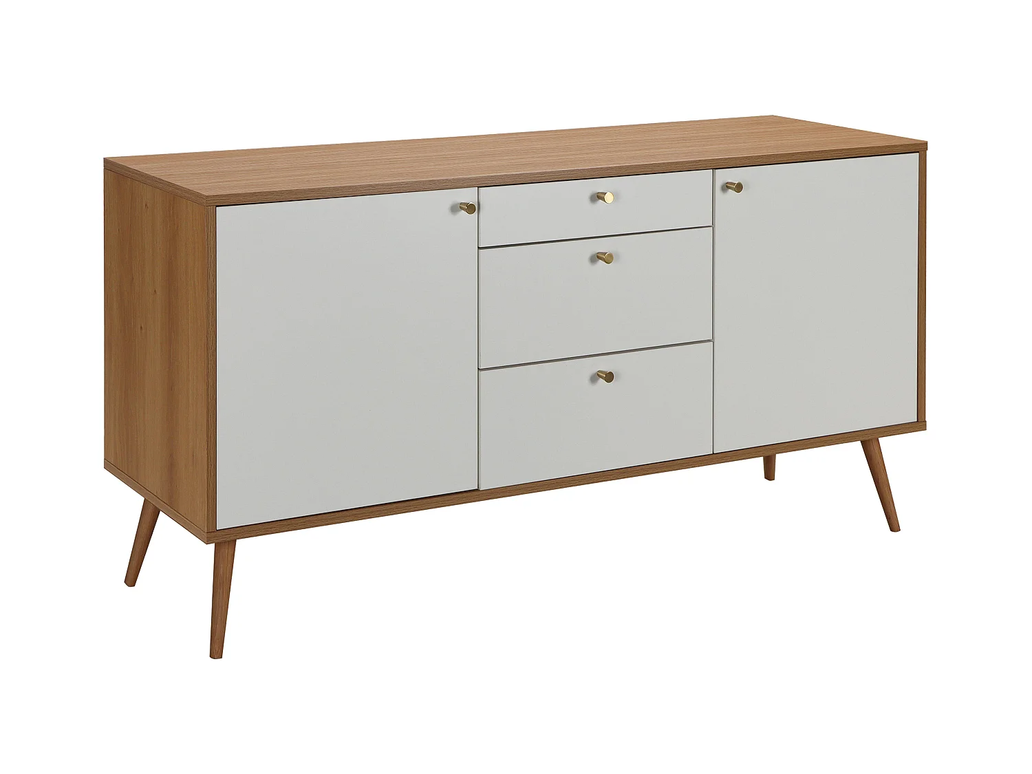 Buffet scandinave effet bois clair 2 portes 3 tiroirs 150 cm blanc