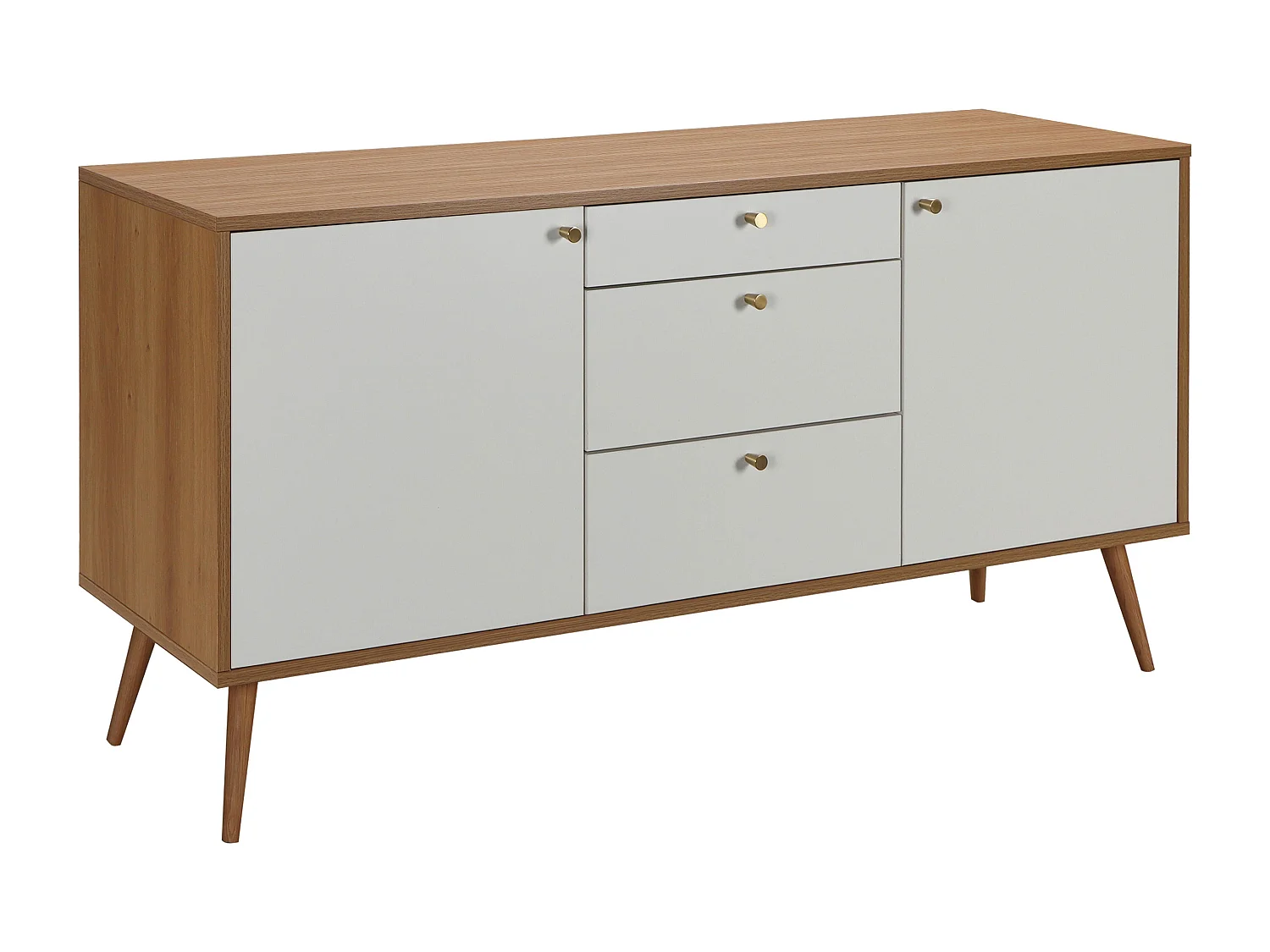 Buffet scandinave effet bois clair 2 portes 3 tiroirs 150 cm blanc