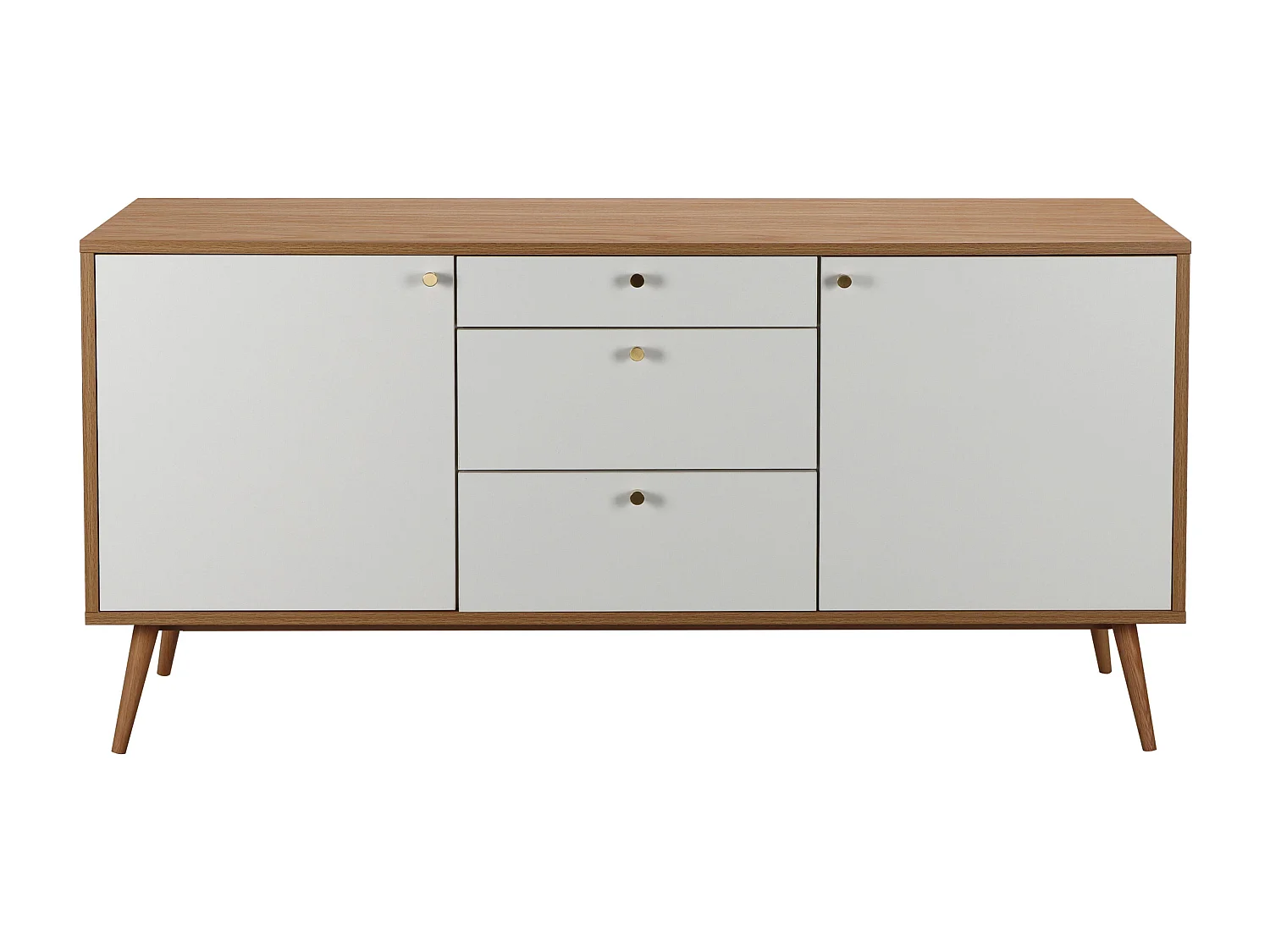 Buffet scandinave effet bois clair 2 portes 3 tiroirs 150 cm blanc