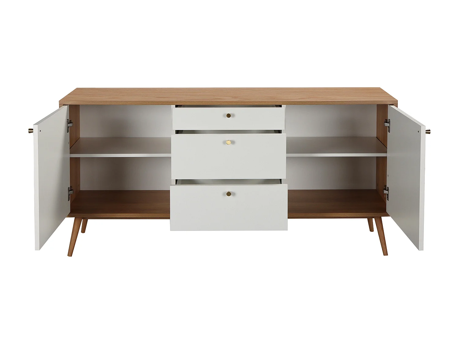 Buffet scandinave effet bois clair 2 portes 3 tiroirs 150 cm blanc