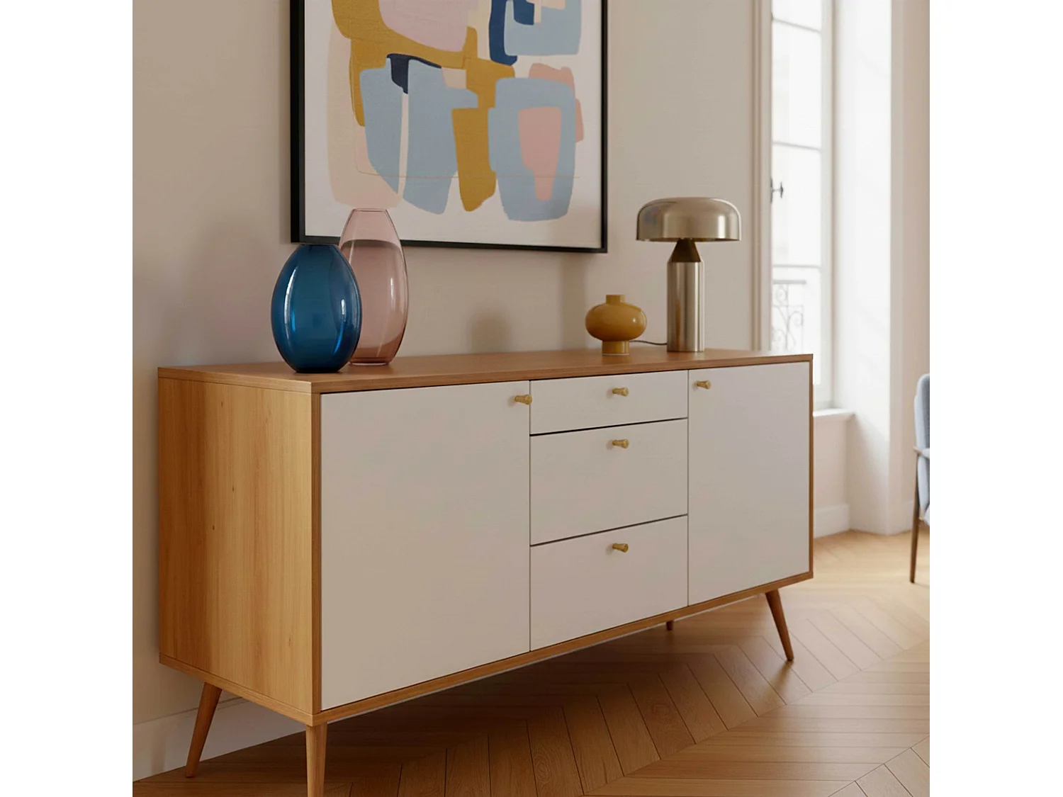 Buffet scandinave effet bois clair 2 portes 3 tiroirs 150 cm blanc