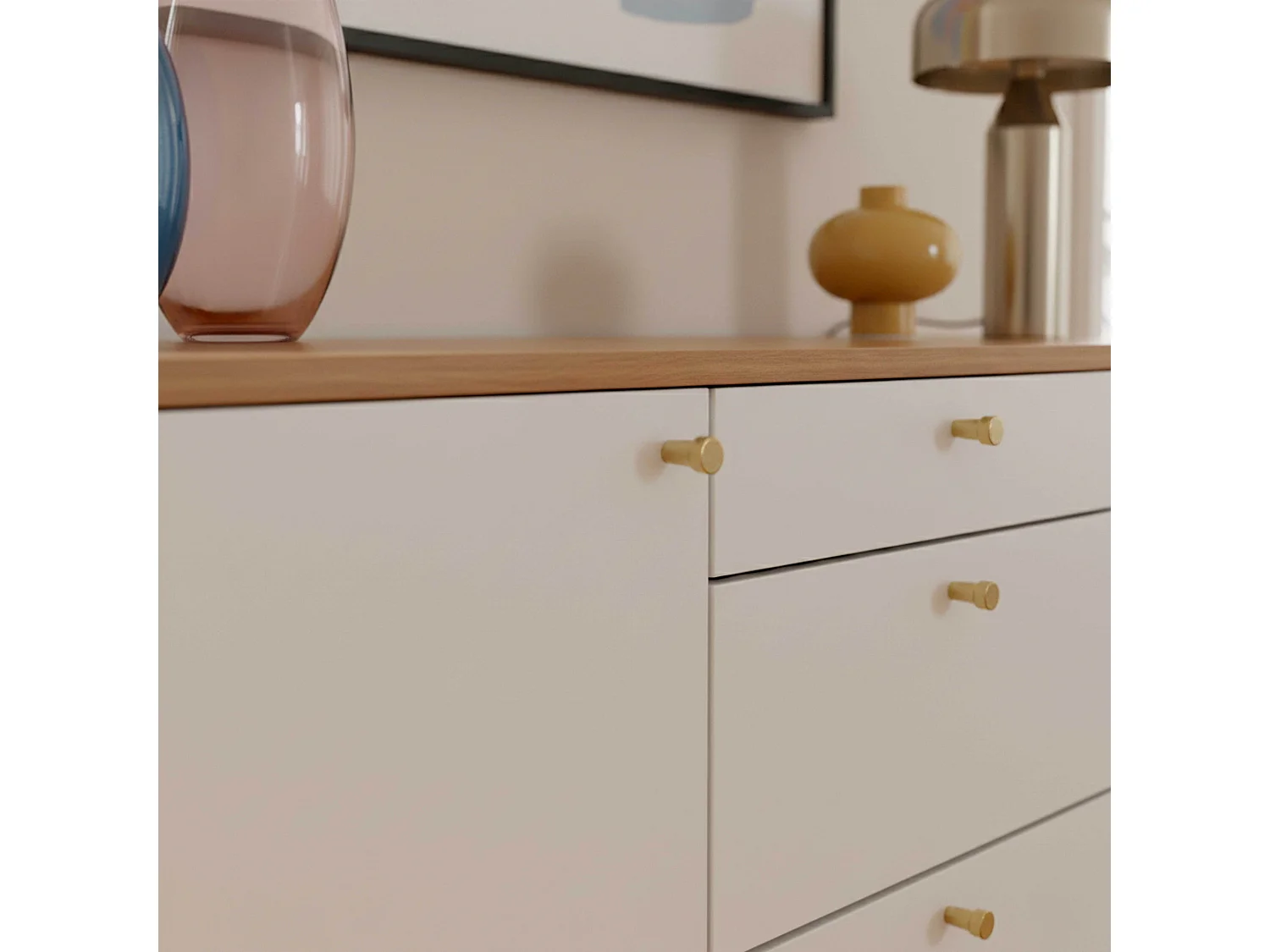 Buffet scandinave effet bois clair 2 portes 3 tiroirs 150 cm blanc