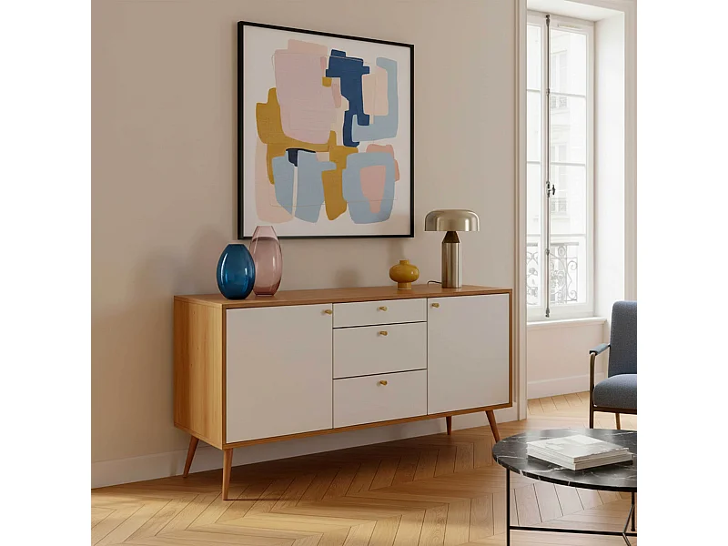 Buffet scandinave effet bois clair 2 portes 3 tiroirs 150 cm blanc