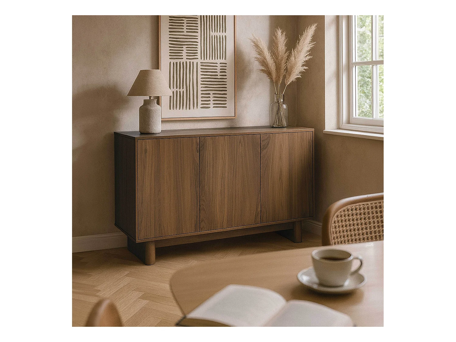 Buffet 3 portes 120 cm scandinave bois foncé