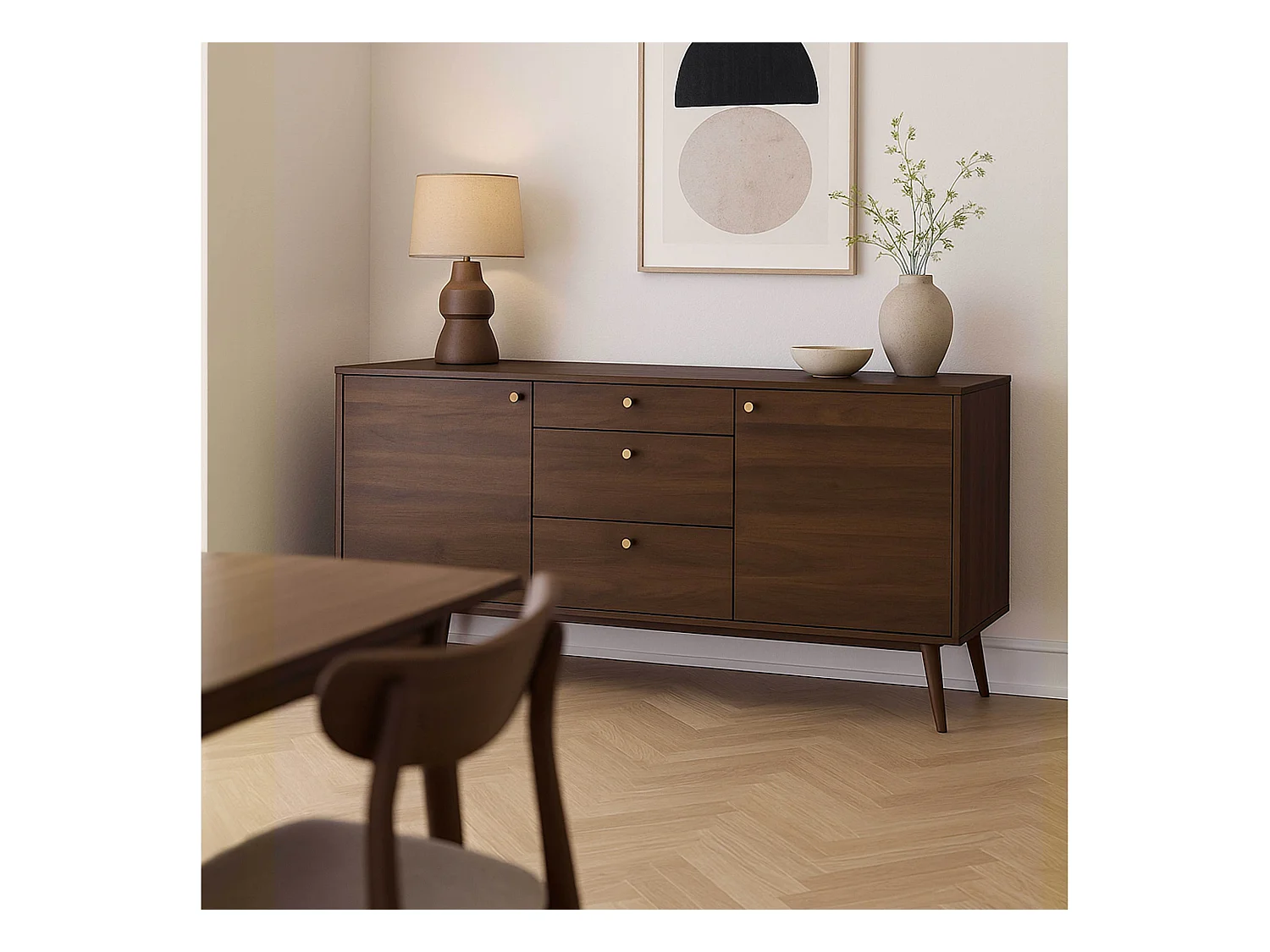 Buffet design effet bois foncé 2 portes 3 tiroirs 150 cm marron