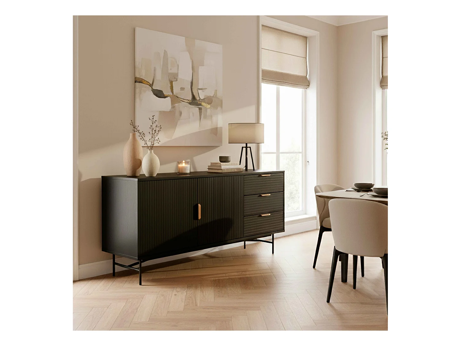 Buffet 2 portes et 3 tiroirs en mélaminé et acier 160 cm noir