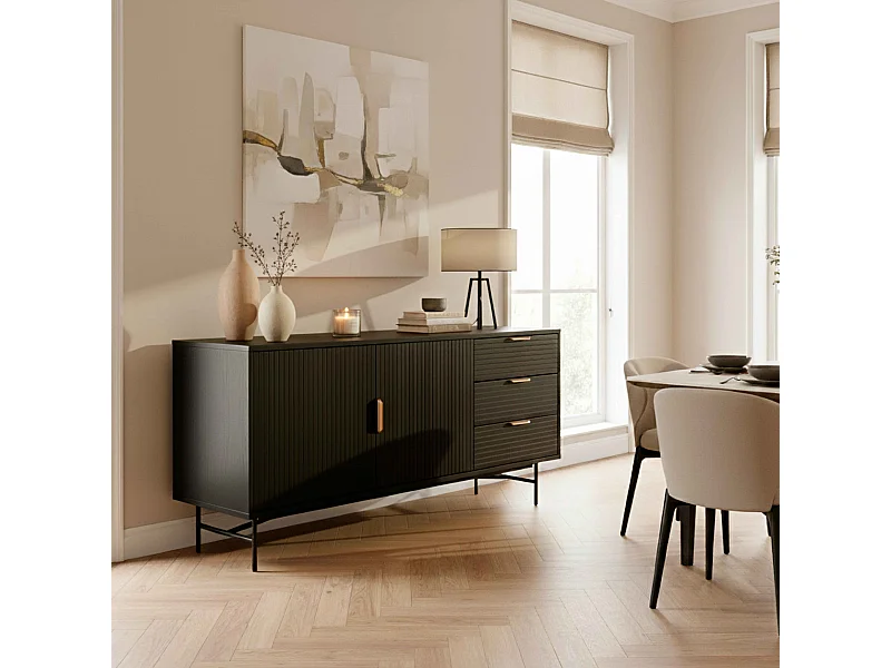 Dressoir 2 deuren en 3 laden in melamine en staal 160 cm zwart