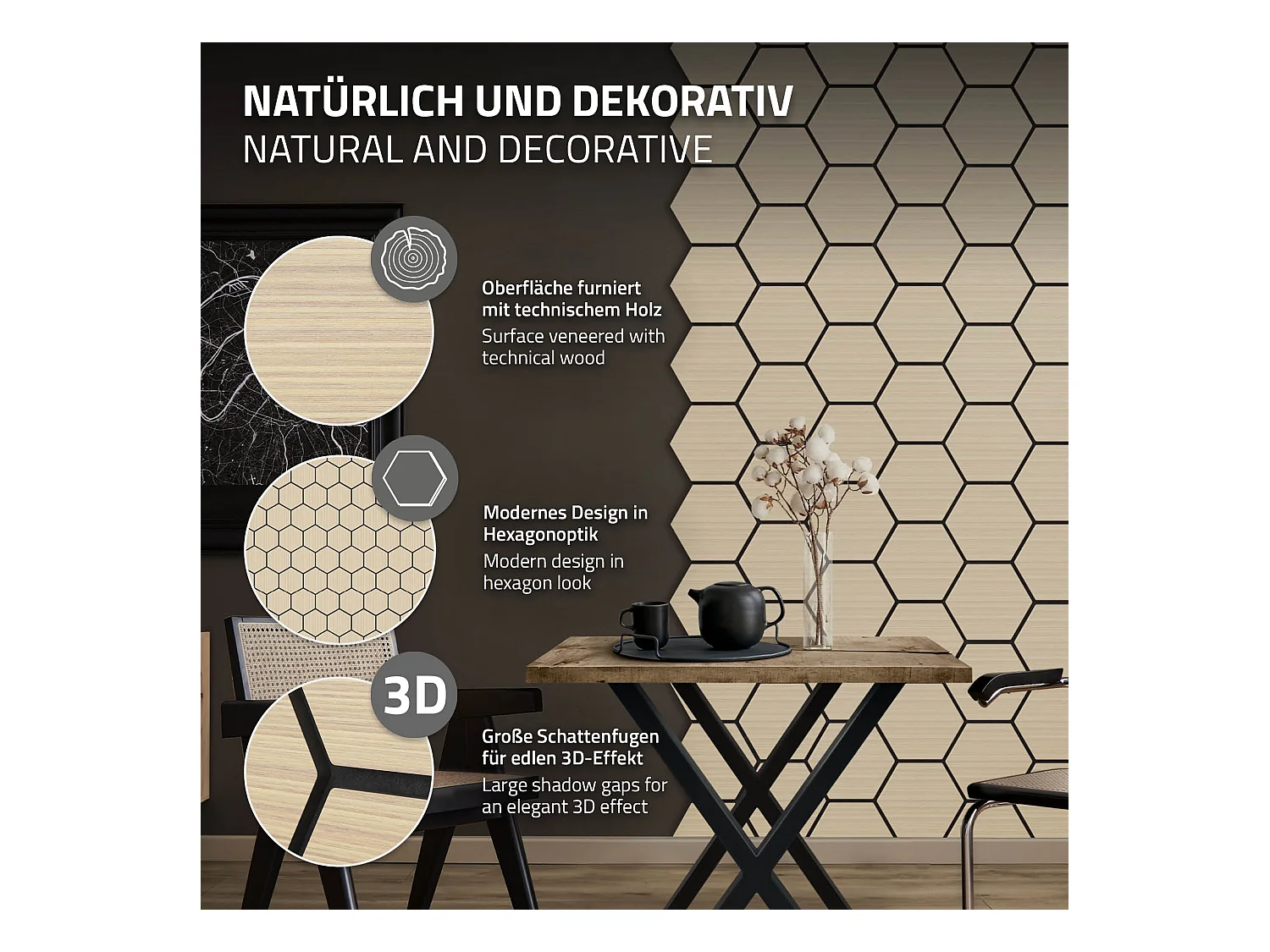 Lot de 2 panneaux acoustiques 66x81x2cm 1m² motif bois chêne hexagonal MDF isolation sonore dalle phonique insonorisante cloisons murales anti-bruit