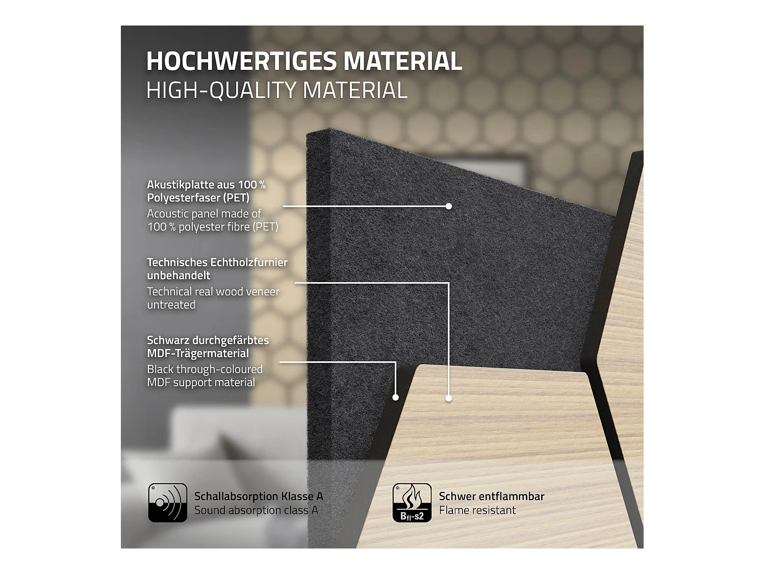 Lot de 2 panneaux acoustiques 66x81x2cm 1m² motif bois chêne hexagonal MDF isolation sonore dalle phonique insonorisante cloisons murales anti-bruit