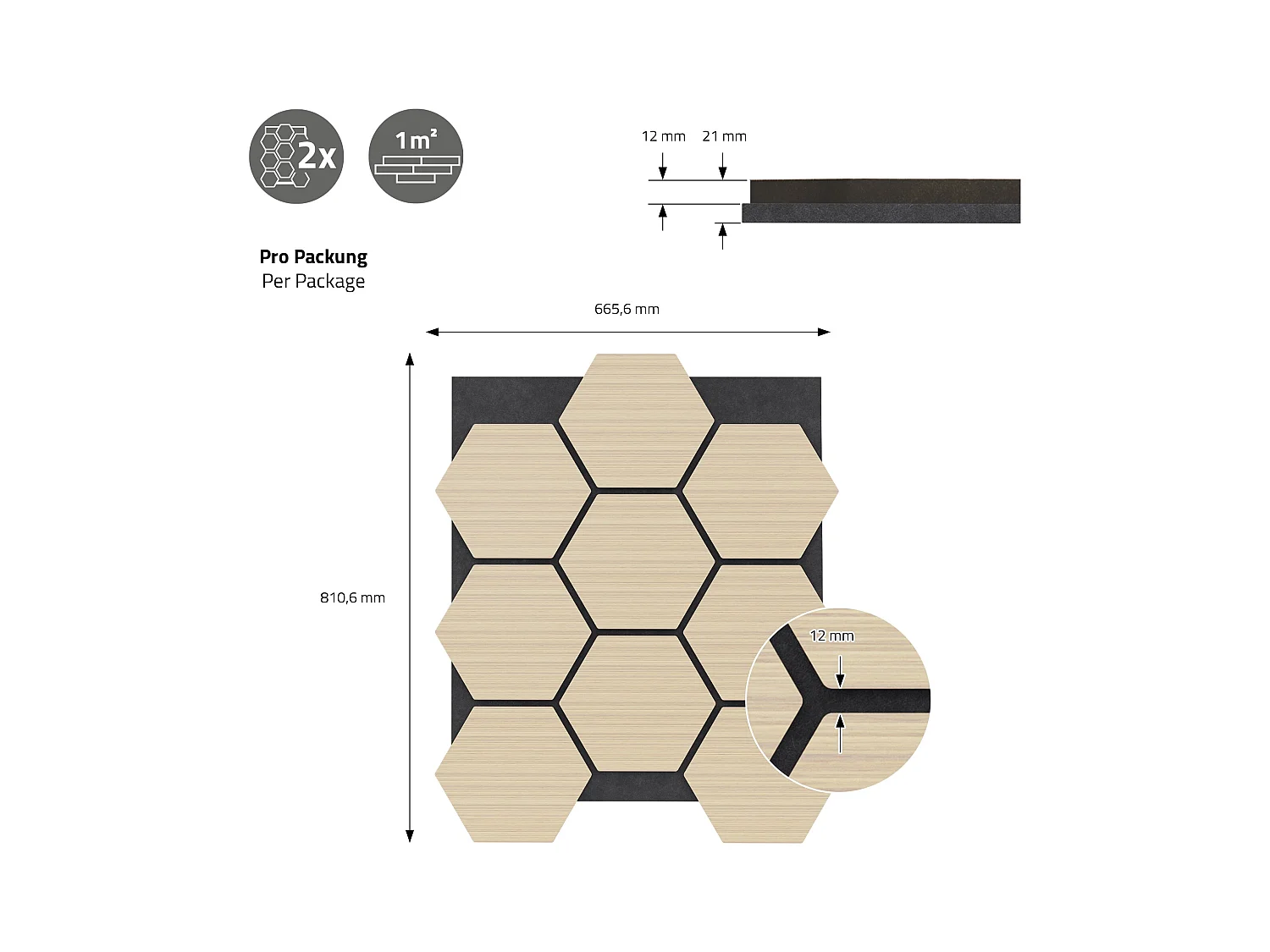 Lot de 2 panneaux acoustiques 66x81x2cm 1m² motif bois chêne hexagonal MDF isolation sonore dalle phonique insonorisante cloisons murales anti-bruit