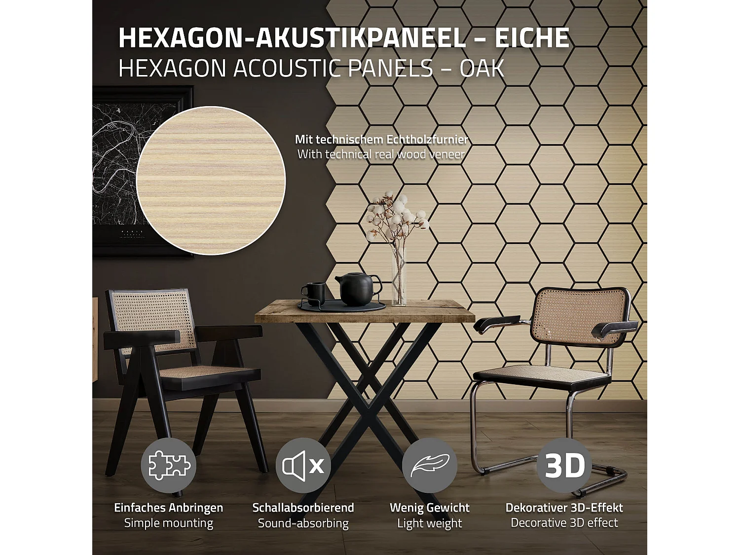 Lot de 2 panneaux acoustiques 66x81x2cm 1m² motif bois chêne hexagonal MDF isolation sonore dalle phonique insonorisante cloisons murales anti-bruit