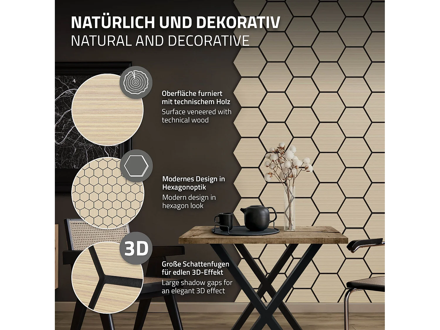 Lot de 2 panneaux acoustiques 66x81x2cm 1m² motif bois chêne hexagonal MDF isolation sonore dalle phonique insonorisante cloisons murales anti-bruit